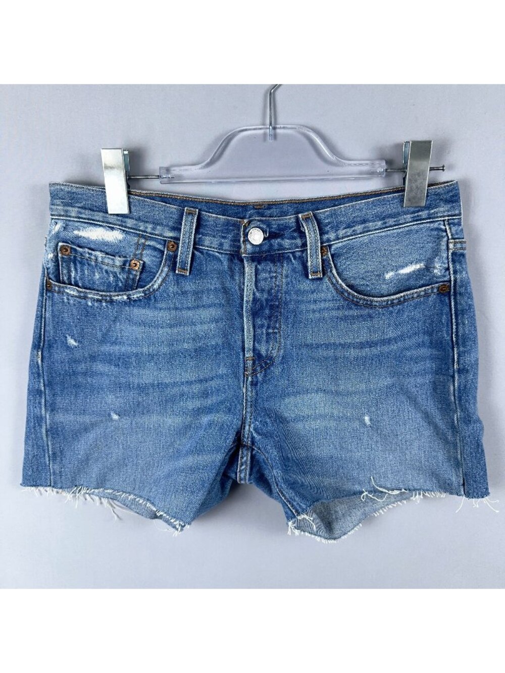 Levis 501 Shorts Size 27x28 Distressed 100% Cotton Mid Rise Medium Wash